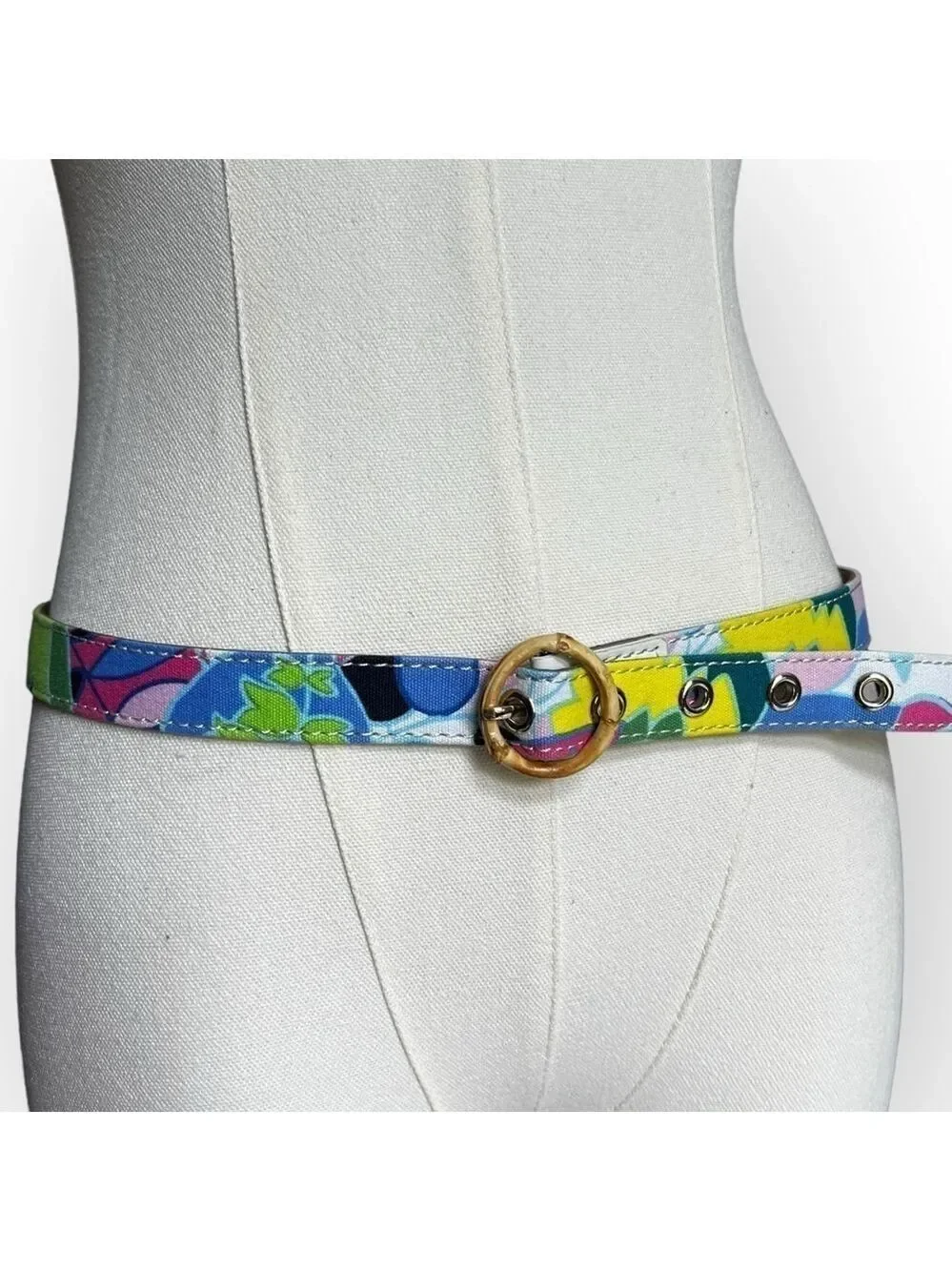 Y2K Talbots Floral Thin Belt Bamboo O ring Buckle Vibrant Colors Cotton Belt S
